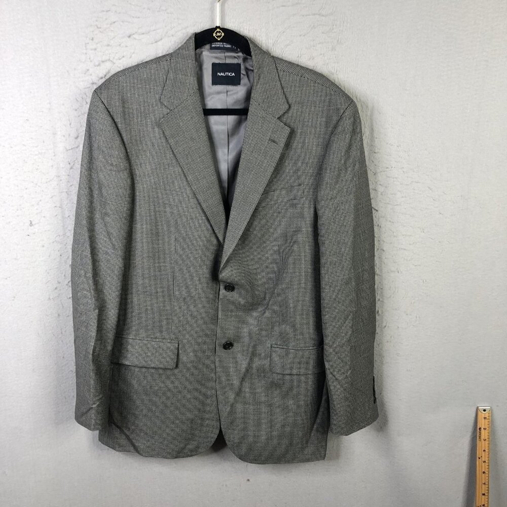 Nautica Blazer Mens 42L Gray Wool Houndstooth Sport Coat Jacket Two Button M726